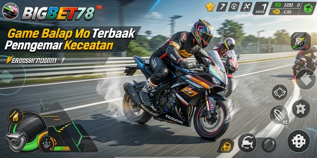 Screenshot gameplay BIGBET78 menunjukkan aksi balapan motor yang mendebarkan.