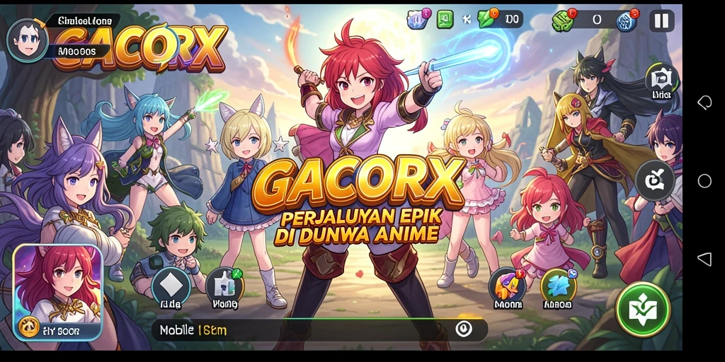 Screenshot utama GACORX menampilkan karakter anime dalam aksi seru.