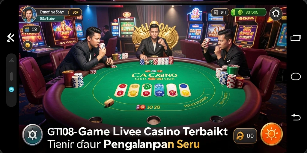 Screenshot gameplay GT108 yang menampilkan dealer dalam siaran langsung.